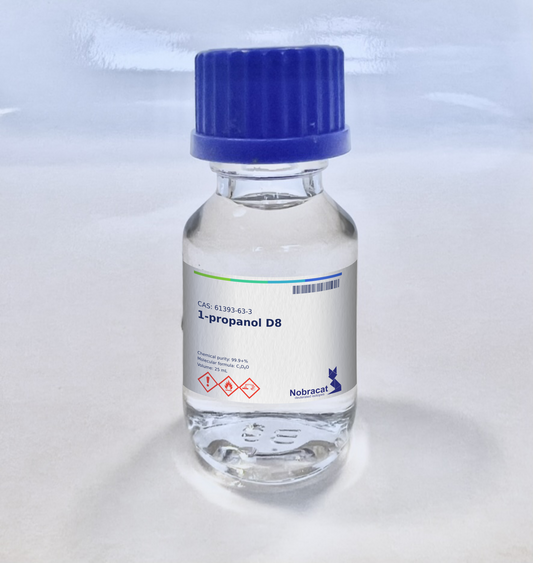 The picture shows a 25 ml bottle filled with deuterated 1-propanol D8. Synonyms for propanol is Propan-1-ol, Propyl alcohol, 1-Hydroxypropane, Deuterated Propanol, Deuterated propyl alcohol, Propyl alcohol-d8, 1-Propanol, n-Propanol. CAS number for the labeled chemical in the bottle is 61393-63-3.