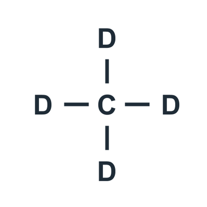 The picture shows a 2D model of the chemical structure of deuterated Methane-D4 Synonyms for Methane-D4 is Methyl hydride, Marsh gas, Natural gas. CAS number for the labeled chemical on the model is 558-20-3.